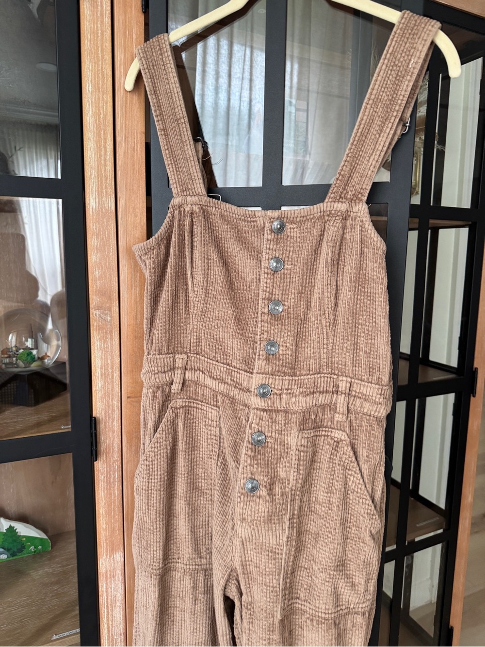 Aerie Corduroy Kick Flare Overalls jumpsuit khaki wide leg cappuccino buttons - Picture 7 of 10